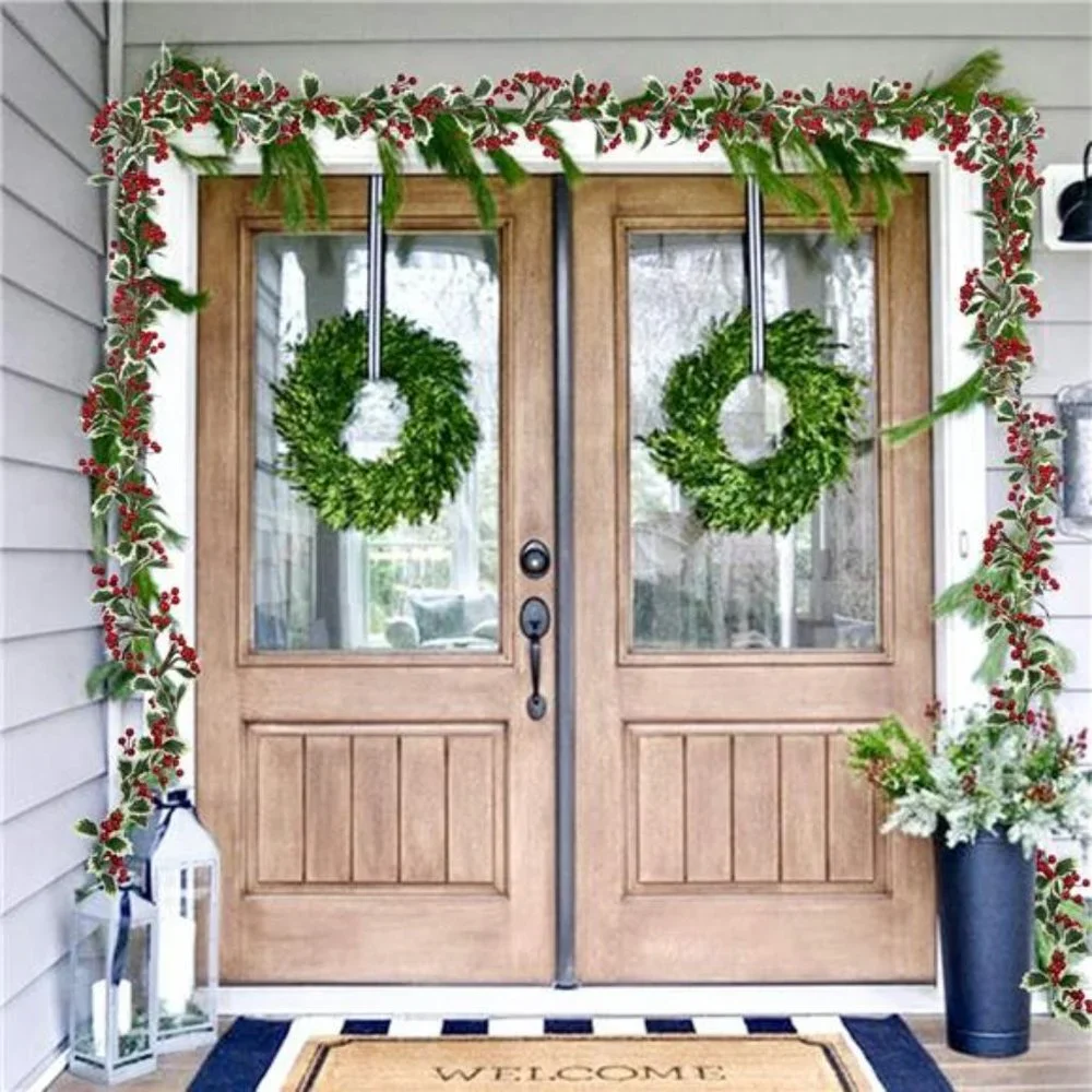 6Ft Red Berry Christmas Garland with Green Leaves, Flexible Artificial